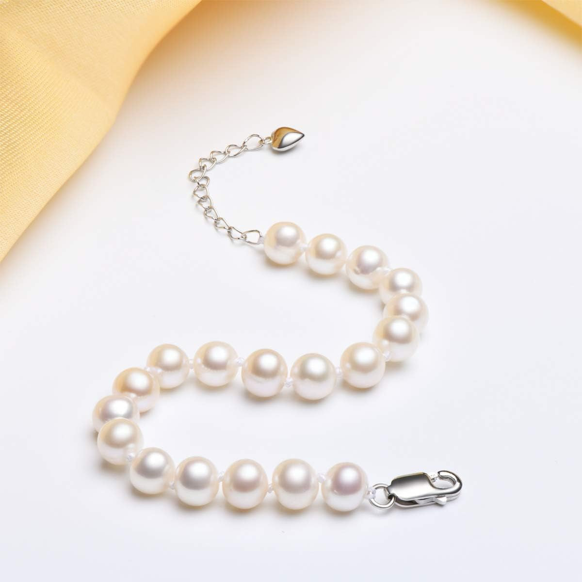 Pearl Bracelets for Women, Sterling Silver 6-7Mm White Freshwater Cultured Pearl Bracelet with 7" Pearl Chain, Christmas Jewelry Gifts for Wife Mom