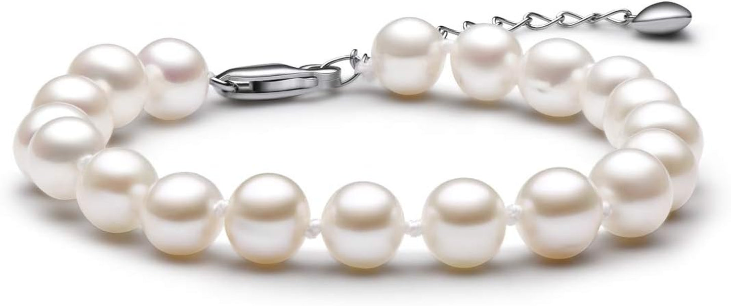 Pearl Bracelets for Women, Sterling Silver 6-7Mm White Freshwater Cultured Pearl Bracelet with 7" Pearl Chain, Christmas Jewelry Gifts for Wife Mom