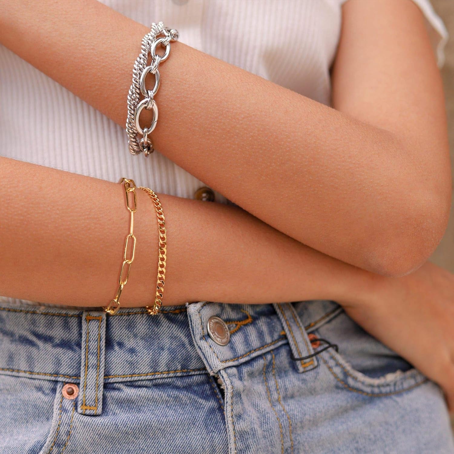 Gold Bracelet for Women 18K Gold Plated Snake Herringbone Figaro Cuban Bead Paperclip Cable Box Chain Simple Jewelry