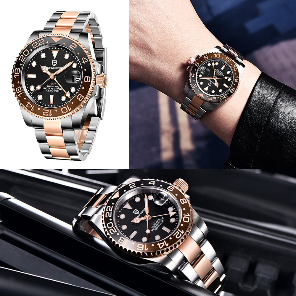 PD-1662 Luxury GMT Men Mechanical Wristwatch Sapphire Glass Stainless Steel 100M Waterproof Automatic Watches