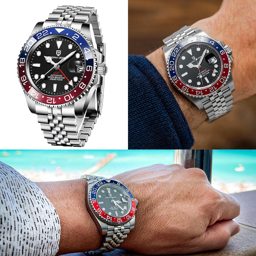 PD-1662 Luxury GMT Men Mechanical Wristwatch Sapphire Glass Stainless Steel 100M Waterproof Automatic Watches