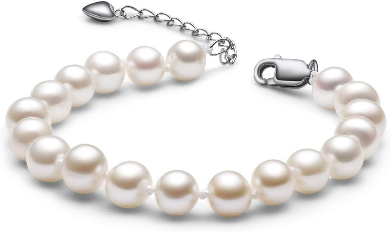 Pearl Bracelets for Women, Sterling Silver 6-7Mm White Freshwater Cultured Pearl Bracelet with 7" Pearl Chain, Christmas Jewelry Gifts for Wife Mom