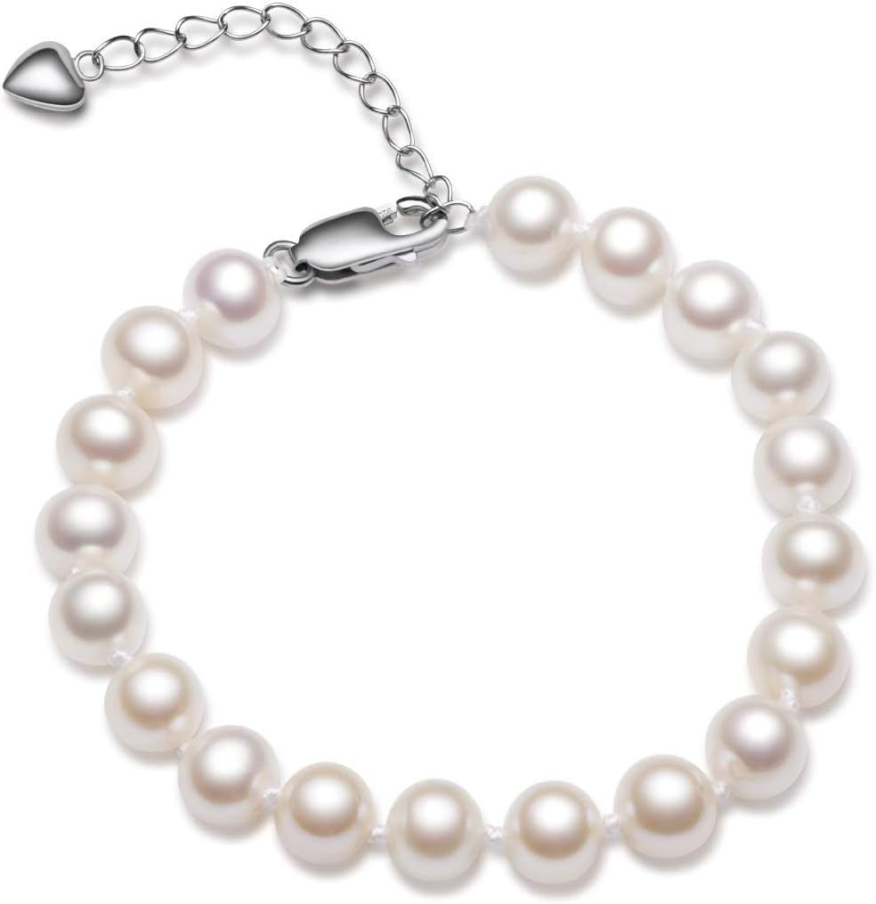 Pearl Bracelets for Women, Sterling Silver 6-7Mm White Freshwater Cultured Pearl Bracelet with 7" Pearl Chain, Christmas Jewelry Gifts for Wife Mom