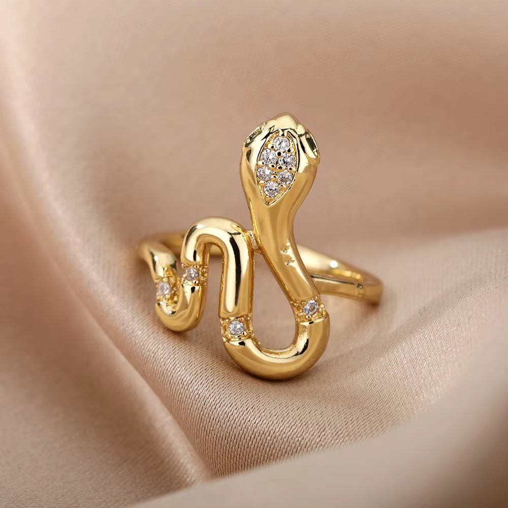 Snake Rings for Women Men Punk Hip Hop Open Adjustable Gold Plated Ring Stainless Steel Zircon Aesthetic Jewelry Anillos Homme